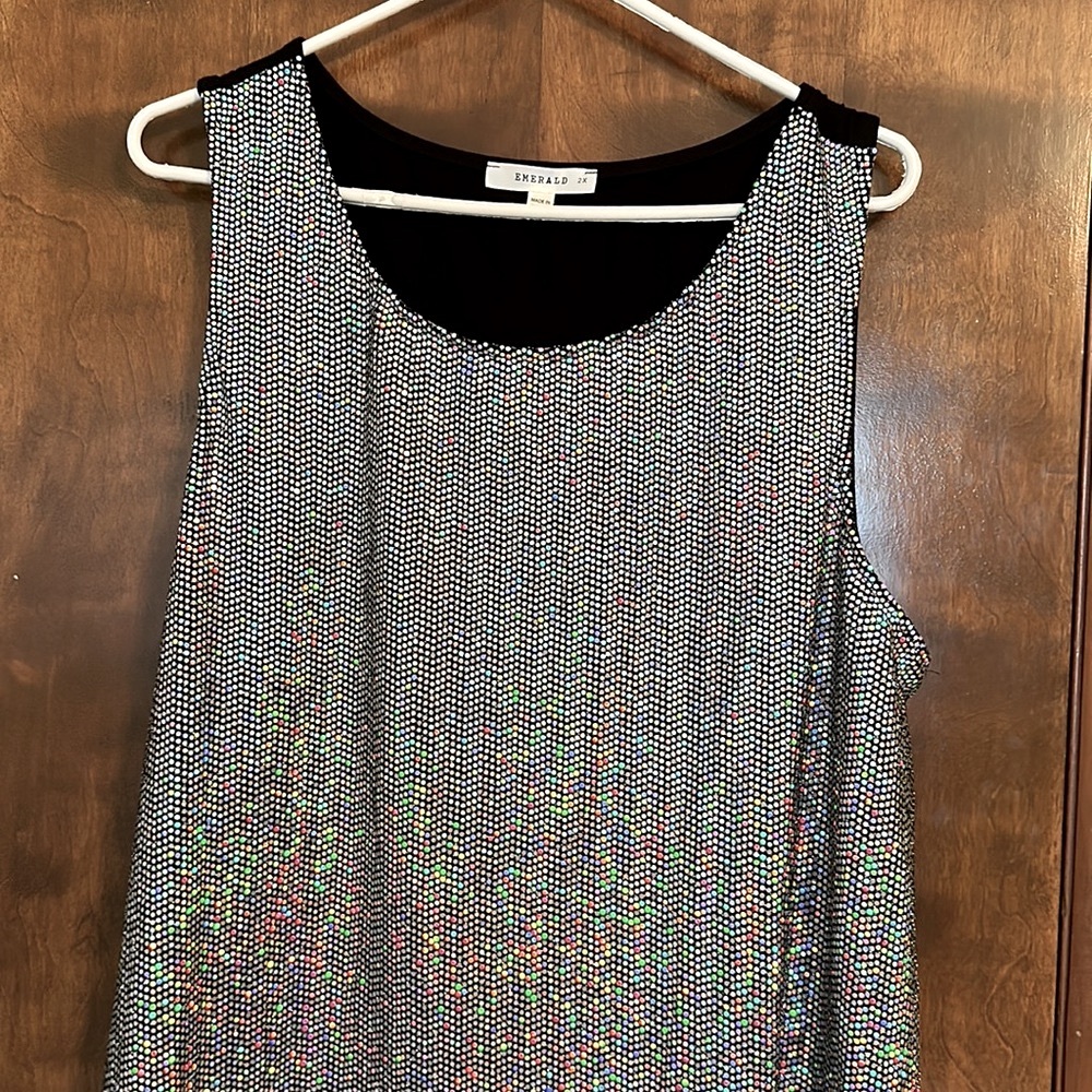 Emerald- Sparkle/Glitter Tank Top 2X Black Fabric Back- Silver Sparkle Front